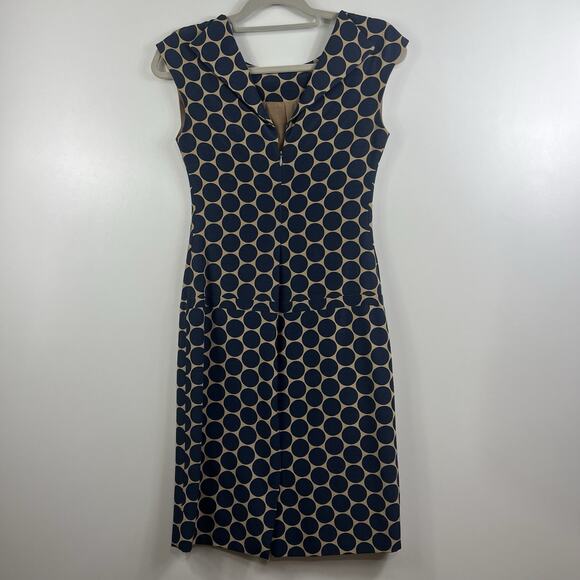 Lela Rose Tan Navy Polka Dot Sheath Dress Size 2 Drop Waist Classic Preppy Silk - Picture 12 of 13